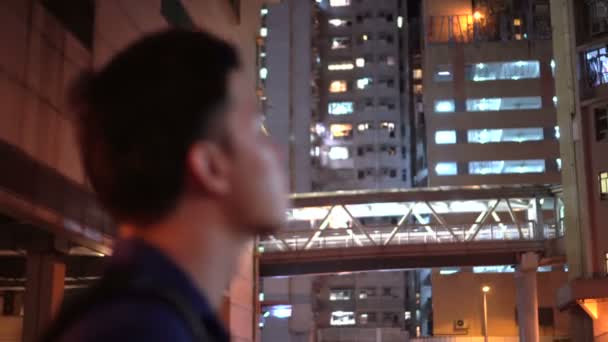 Asian Man Local Hong Kong Looking Apartment Residence Area Night — Stock Video