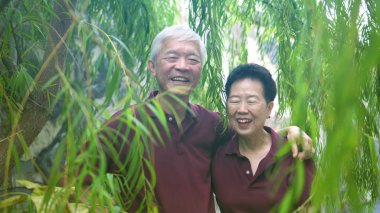 Mutlu emekli Asyalı yaşlı çift yeşil söğüt ağacının altında gülüyor.