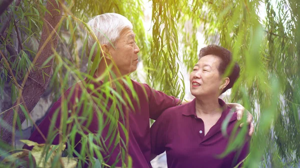 Happy retired Asian senior couple laughing under green willow tree background — Stock Photo, Image