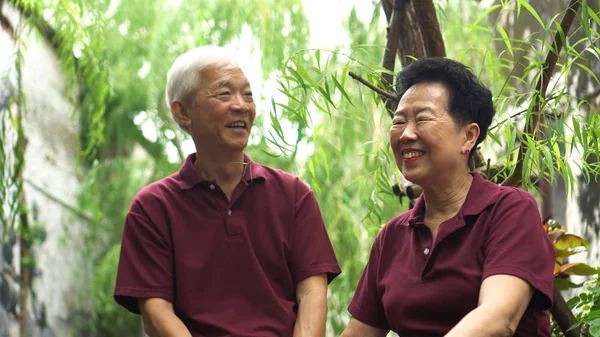 Gelukkig gepensioneerd aziatisch senior paar lachen onder groen wilg boom achtergrond — Stockfoto