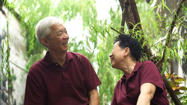 Happy retired Asian senior couple laughing under green willow tree background — 스톡 사진