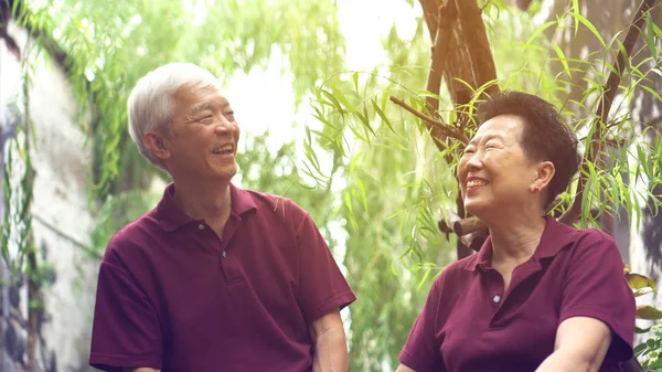 Feliz aposentado ásia sênior casal rindo sob verde salgueiro árvore fundo — Fotografia de Stock