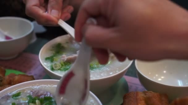Hong Kong Style Fried Dough Congee Boiled Rice Dish Breakfast — 비디오