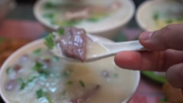 Hong Kong Style Fried Dough Congee Boiled Rice Dish Breakfast — 비디오