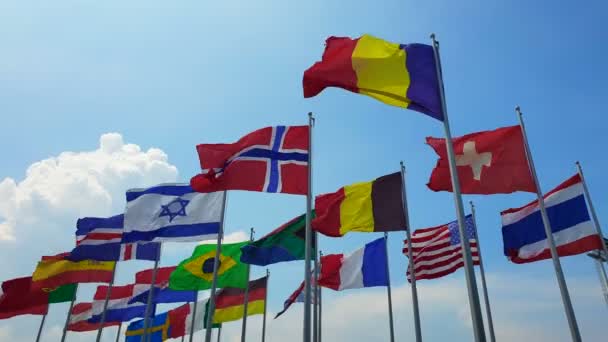 Międzynarodowe Kolorowe Flagi Wielobarwne Kołysać Plenerowym Wietrze Abstrakt Światowej Współpracy — Wideo stockowe
