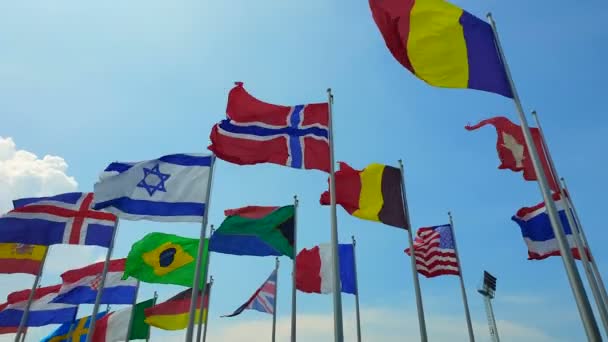 Nemzetközi Színes Zászlók Lengenek Kültéri Szélben Világ Együttműködésének Absztraktja Borító — Stock videók