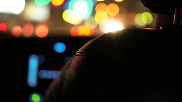 Traffic Light Night Blur Background View Car Interior Leather Seat — Stock Photo, Image