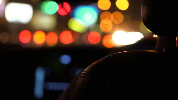 Traffic Light Night Blur Background View Car Interior Leather Seat — Stock Photo, Image