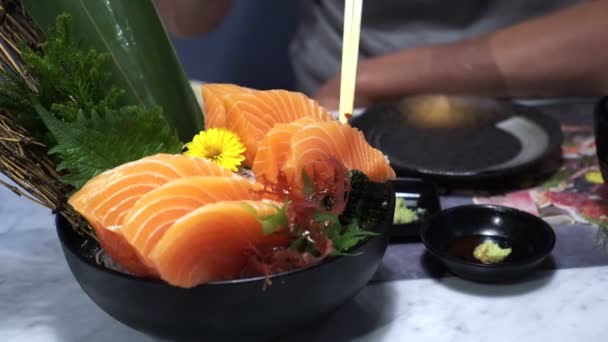 Eating Raw Salmon Sashimi Japanese Beautiful Decorate Dish Dipping Shoyu — Stock Video