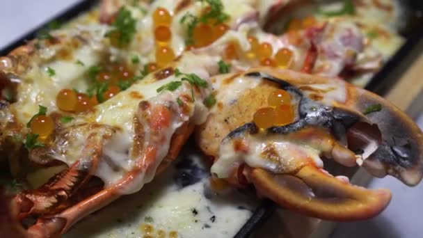 Cheesy Hummerkralle Mit Lachsrogen Fusion Meeresfrüchte — Stockvideo
