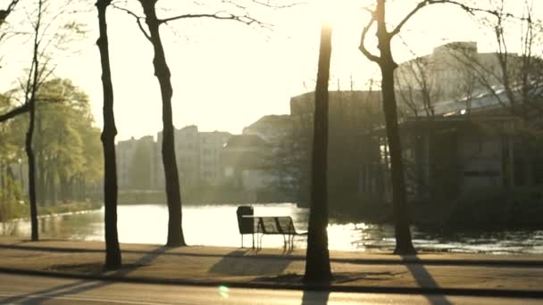 アムステルダムオランダ公園の静かな隔離された夕日と運河の隣の座席 — ストック動画