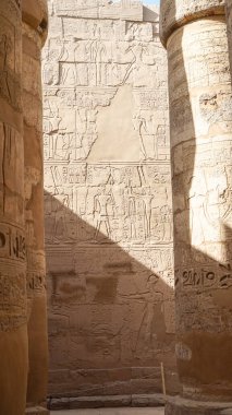 Luxor Mısır Karnak tapınağı kum taşı hiyeroglfik duvar ve sütun firavun ve atalarının hikayesi için can atıyordu.