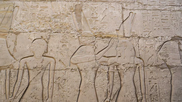 Luxor Egyiptom Karnak Templom Homokkő Vágyott Hieroglifa Fal Oszlop Fáraó — Stock Fotó