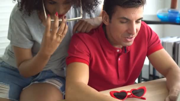 Interracial Hispanic African Couple Booking Trip Online Together Joyful Moment — Stock Video
