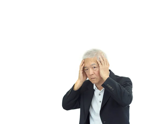 Covid Stress Asiatisk Senior Affärsman Vit Bakgrund — Stockfoto