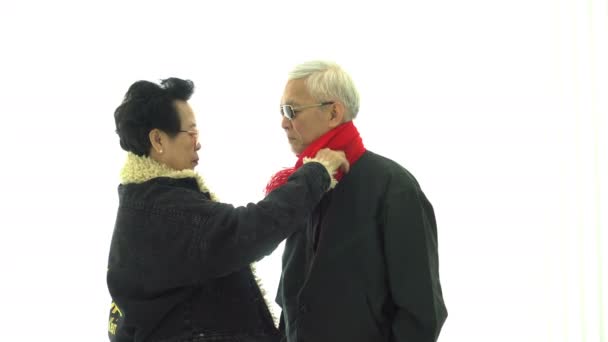 Cool Fashion Asian Elder Couple Take Care Each Other Winter — Stock Video