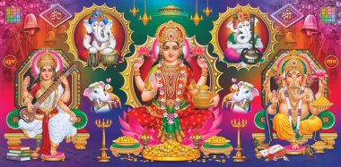Hindu Lord Ganesha ve Laxmiji ve sarasvatiji doku duvar kağıdı arka planı 