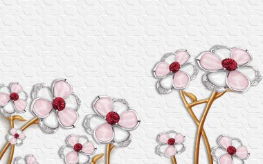 Pembe ve beyaz çiçekli 3D duvar kağıdı ve 3D gri arkaplan