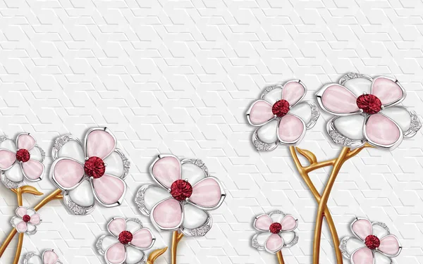 3d wallpaper with Pink And white flower and 3d  grey background