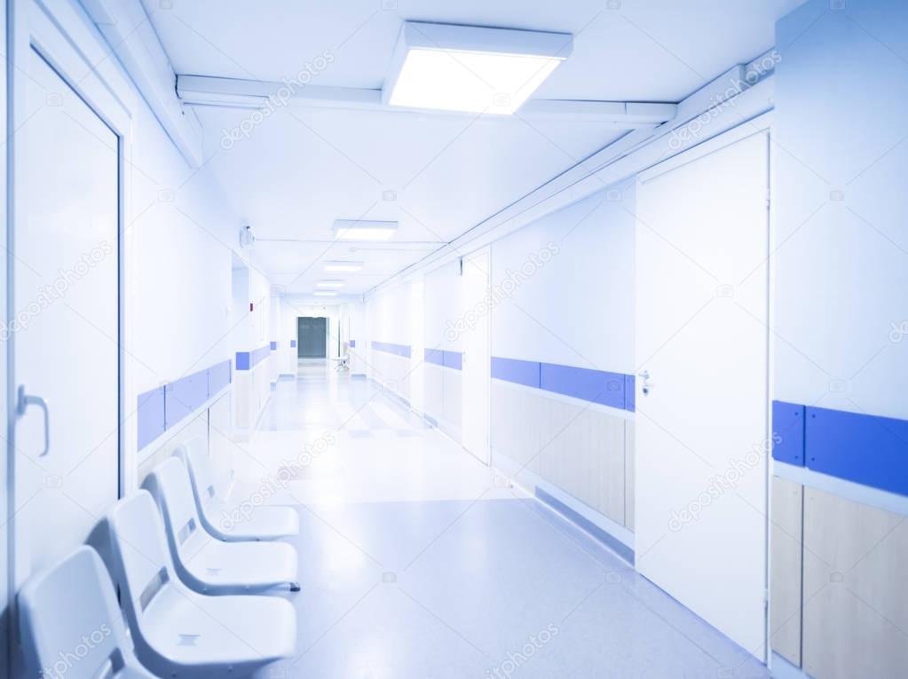 hospital corridor with seats and wheelchairs