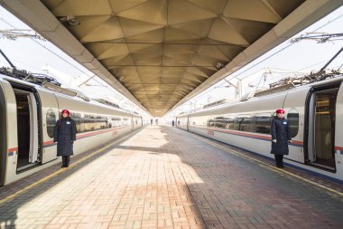 Hızlı trende Sapsan Leningrad tren istasyonu platformu