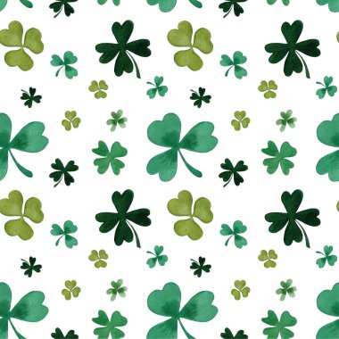 Yonca suluboya desenler bırakır. Aquarelle folyoları ve dört yaprak yoncası. Aziz Patrick Günü dekoratif geçmişi. Paket kağıdı, tekstil tasarımı, kart şablonu, selamlar için kusursuz desen.