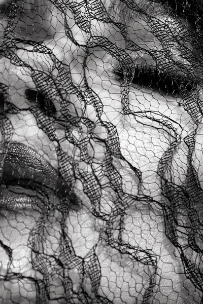 Πορτρέτο του όμορφη γυναίκα με καταπληκτικό το πρόσωπό καλυμμένο με μαύρη δαντέλα και αισθησιακό μακιγιάζ — Φωτογραφία Αρχείου