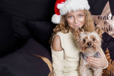 Uzun sarı saçlı sevimli genç kız ve de Noel Baba, bir kap var köpek yavrusu doğurmak yorkshire terrier tutan Noel Baba şapkası olduğunu eğlenceli ve neşeli