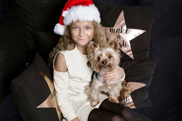 Menina bonito com cabelo loiro longo e um chapéu de Papai Noel segurando uma raça de cachorro yorkshire terrier que também tem um boné de Papai Noel, é uma diversão e alegre — Fotografia de Stock