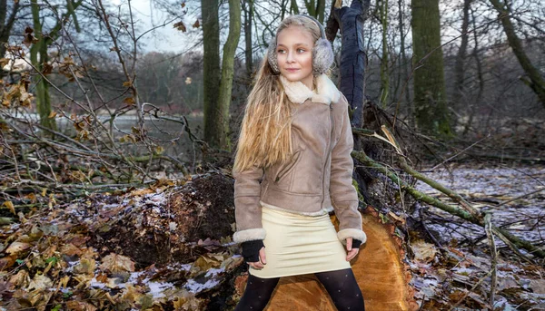 Beautiful sweet little girl dressed in a sheepskin coat and boots sitting on the trunk and in the background is the amazing view of autumn and winter — Stock Photo, Image