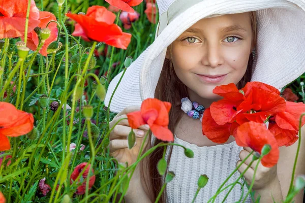 Menina doce em um chapéu, de pé em um prado e segurando papoulas vermelhas — Fotografia de Stock