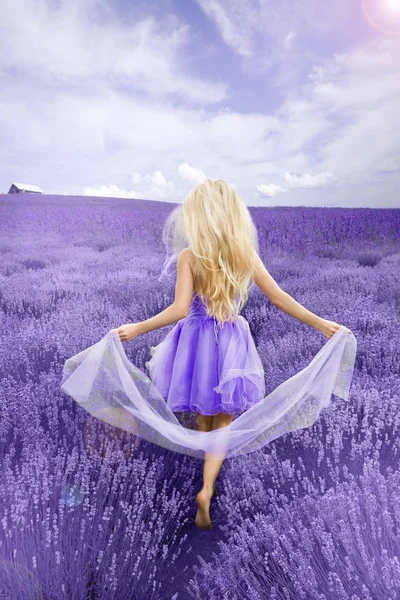 Sposa in giorno nuziale in campo di lavanda — Foto Stock