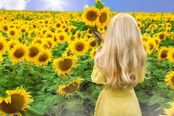 Mulher loira bonita de pé em um prado com girassóis e sorrindo feliz — Fotografia de Stock