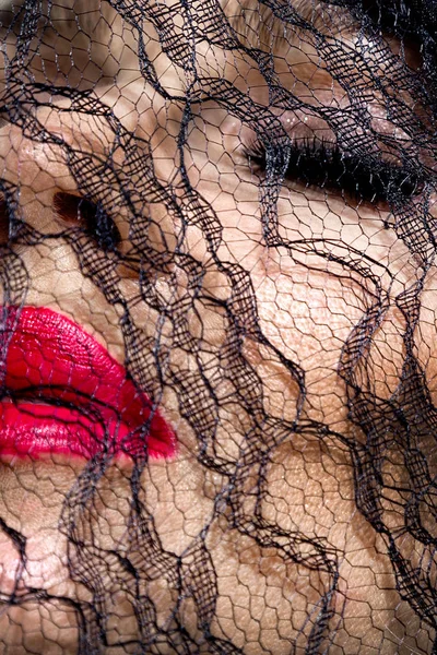 Портрет красивой женщины с удивительным лицом, покрытым черным кружевом и чувственным макияжем — стоковое фото