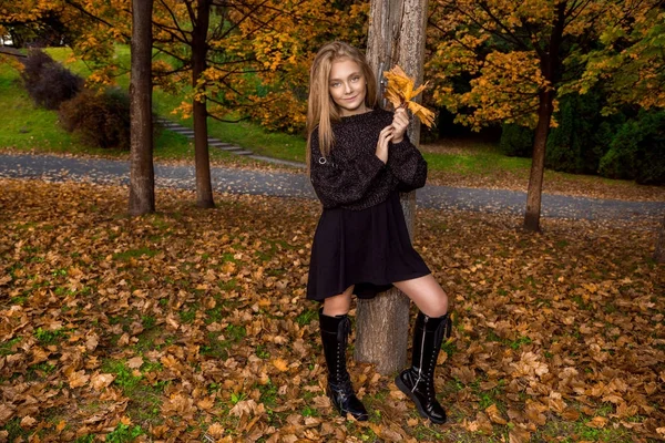 Linda niña vestida con abrigo y botas sentadas sobre fondo de otoño, hojas doradas de otoño . — Foto de Stock