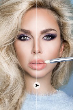 Mükemmel yüz ve güzel saçları ile güzel, seksi sarışın kadın portresi. Estetik tıp prosedürü sırasında güzellik modeli.
