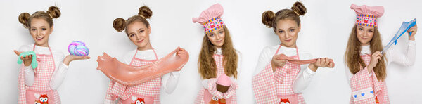 Симпатичная смешная девушка со слизью на кухне. Девушка готовит и печет свои кексы, делает торт и слизь
.