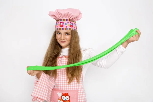 Menina Engraçada Bonito Com Lodo Cozinha Menina Cozinha Faz Seus — Fotografia de Stock