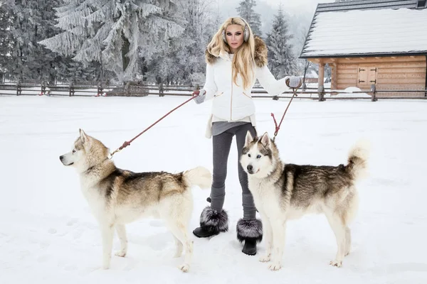 Piękna Blondynka Kobieta Stojąc Śniegu Trzyma Psy Husky Tle Jest — Zdjęcie stockowe