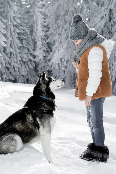 Carino Bambina Bionda Che Gioca Nella Neve Con Cane Husky — Foto Stock
