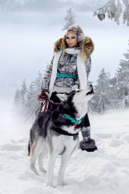 Güzel sarışın kadın, kar üzerinde duran ve Husky köpek tutarak. Arka planda dağlar ve kar güzel bir görünümü vardır.