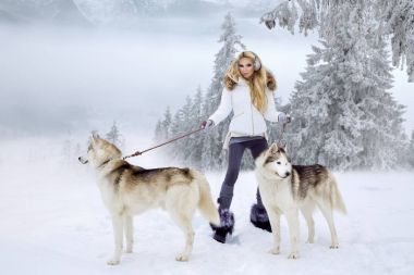 Güzel sarışın kadın, kar üzerinde duran ve Husky köpek tutarak. Arka planda dağlar ve kar güzel bir görünümü vardır.