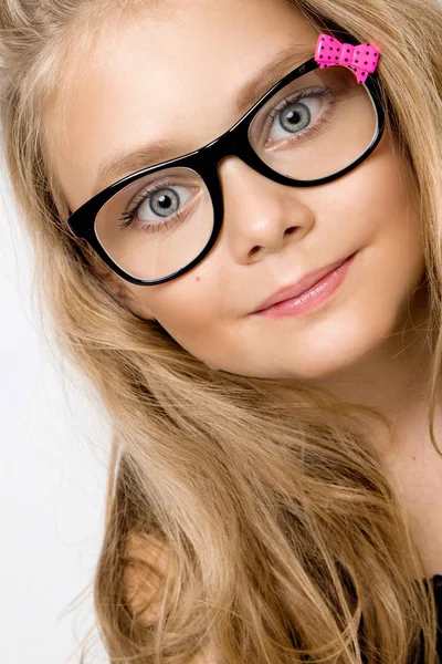 Cute Blonde Little Girl Glasses White Background Studio — Stock Photo, Image