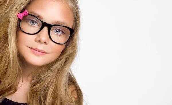 Cute Blonde Little Girl Glasses White Background Studio — Stock Photo, Image