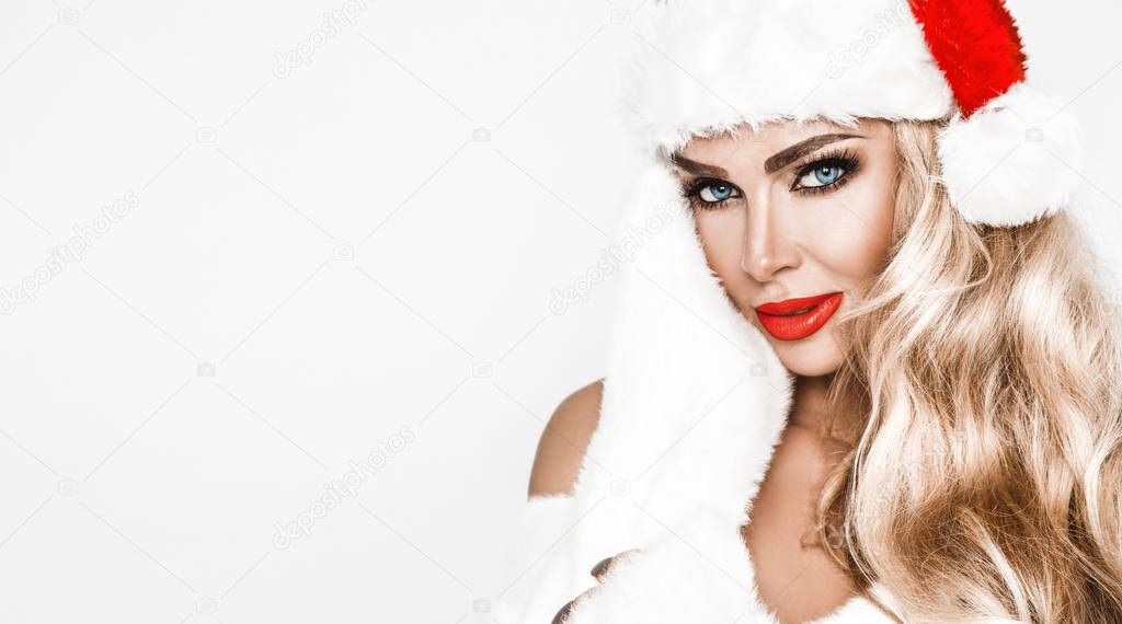 Beauty Christmas fashion model girl . Long straight blonde hair 