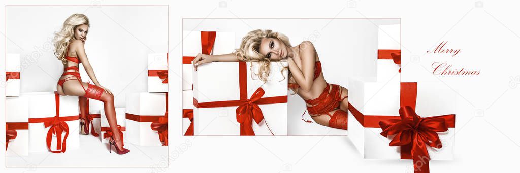 Beautiful young blonde woman in sexy red lingerie standing next to white christmas presents. Christmas glamour photo. A lot of gifts. Christmas card concept.  - Image