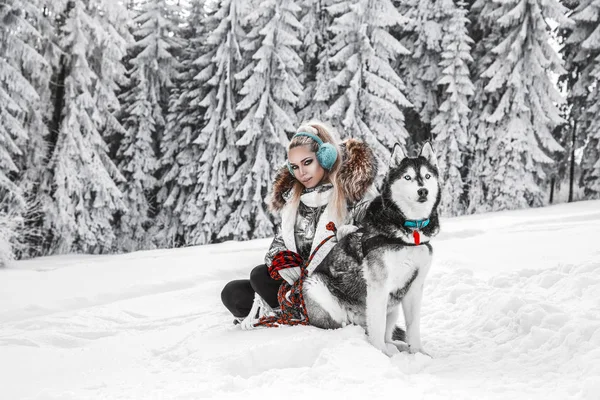 Szczęśliwa Młoda Kobieta Bawi Się Syberyjskimi Husky Psów Zimowy Dzień — Zdjęcie stockowe