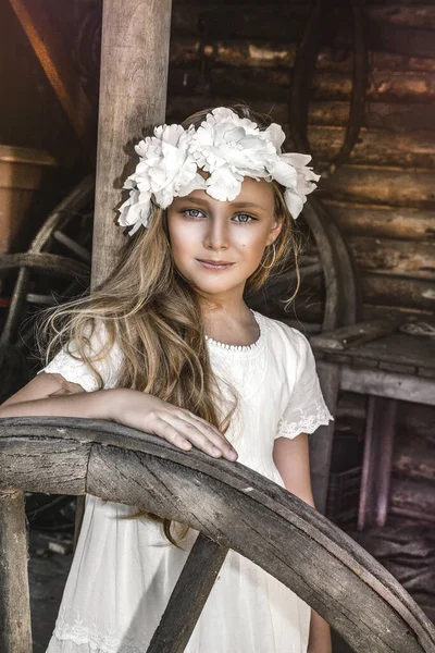 Portret Ślicznej Dziewczynki Moda Portret Pięknej Dziewczynki Wieńcem Białą Sukienką — Zdjęcie stockowe