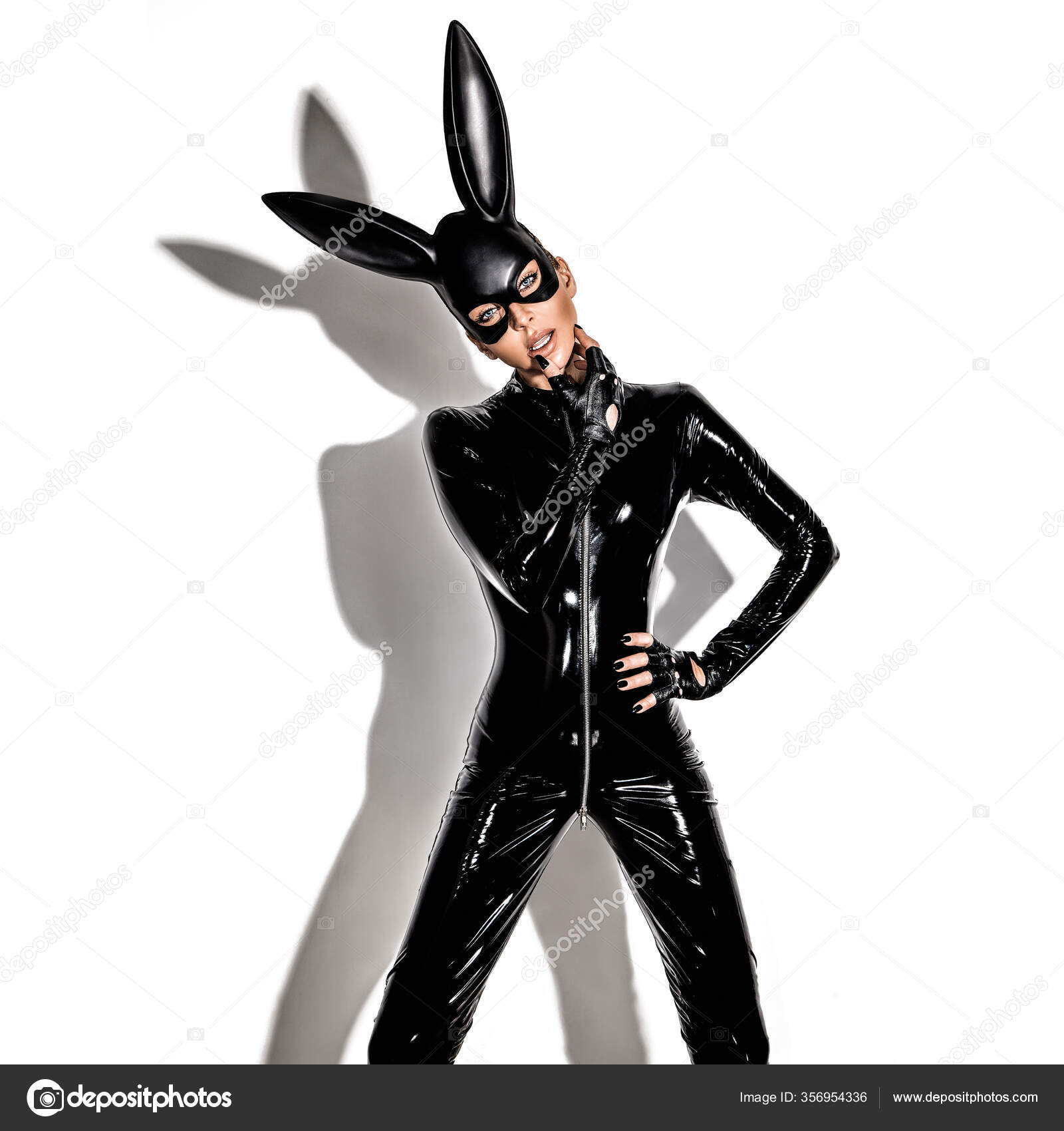 Sexy Blonde Beautiful Woman Posing Latex Costume Black Bunny Mask Stock  Photo by ©marcink3333 356954336
