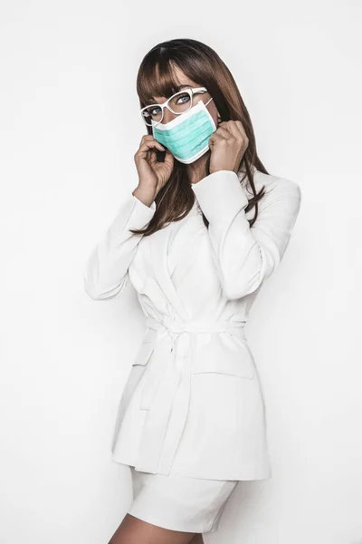 Woman in mask. Virus and smog concept. Corona virus outbreaking. Epidemic virus Respiratory Syndrome. Doctor medical nurse .